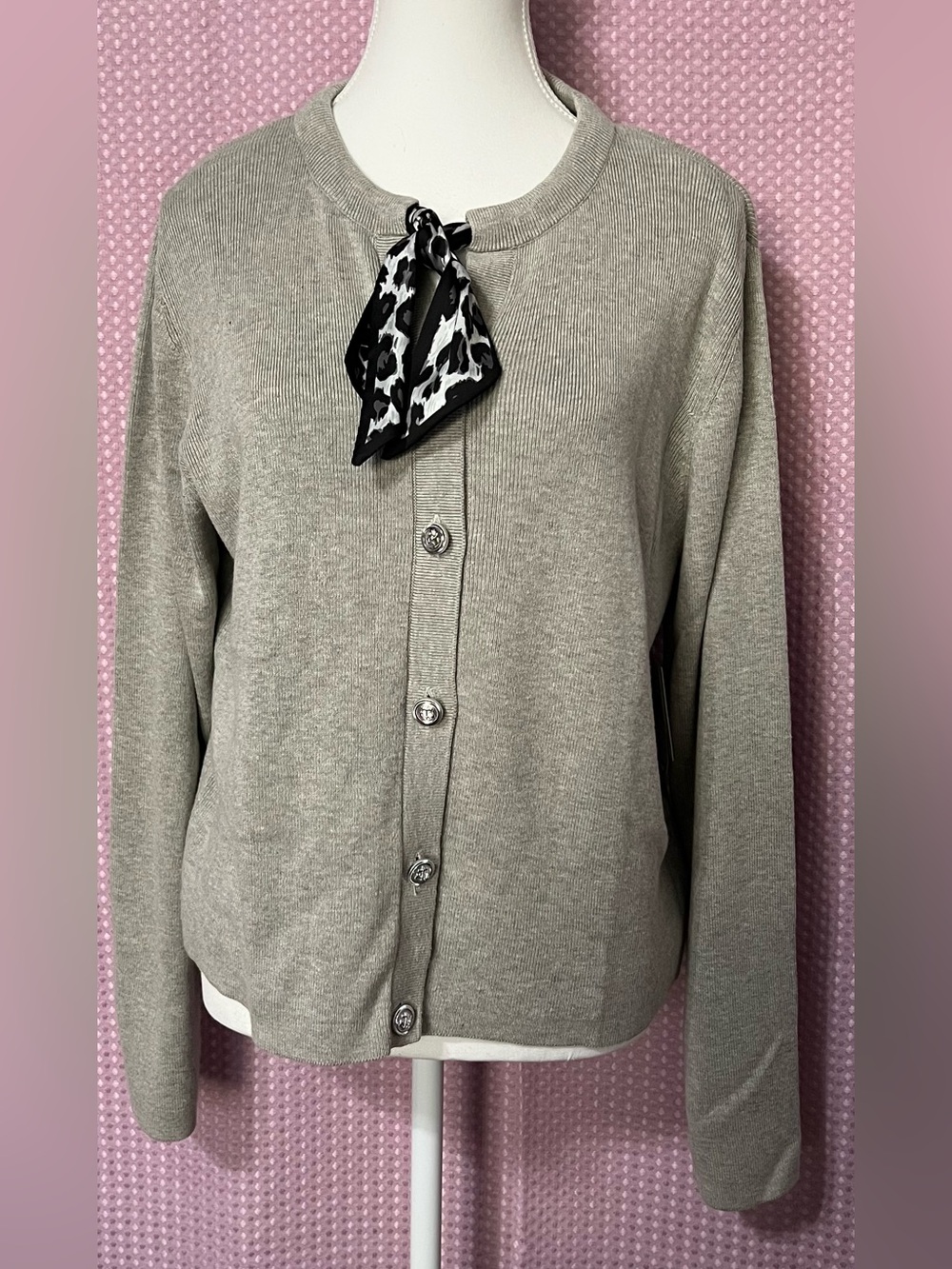 CeCe Gray Crewneck Button-Front Cardigan